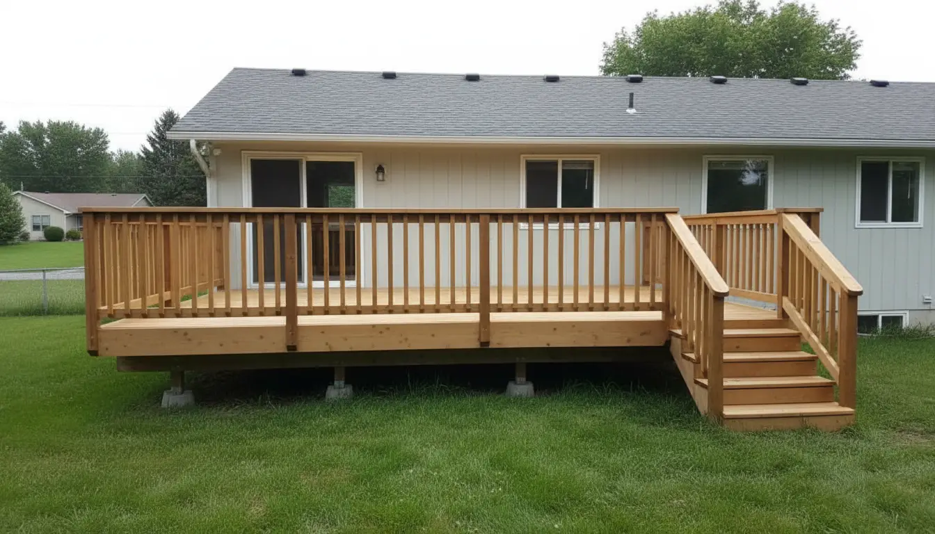 Newly built wood deck with railings and steps off the back of a house