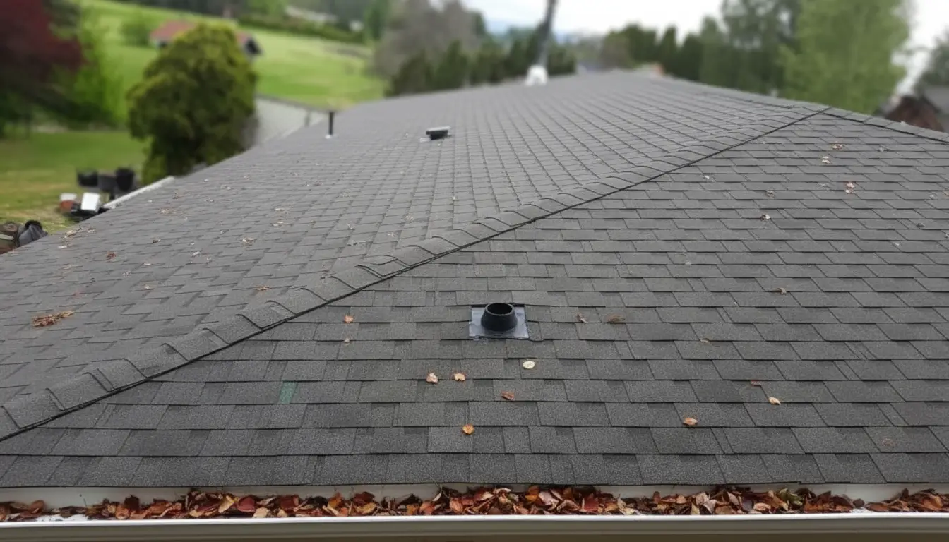 Shingle roof with a pipe boot and fallen autumn leaves gathered in the gutter