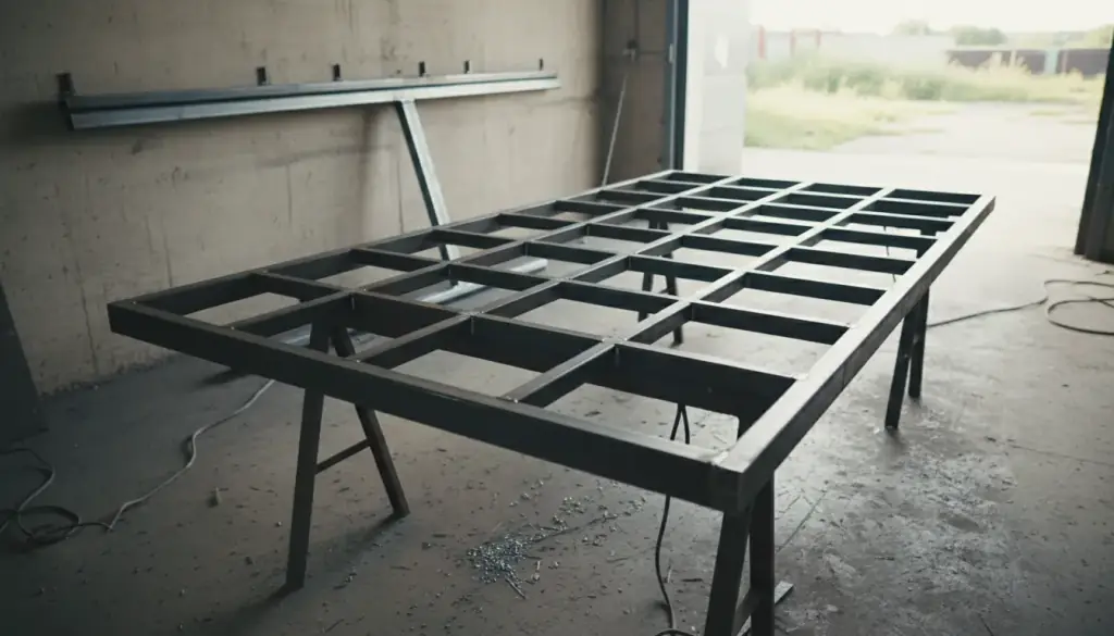 A welded square-tube steel gate frame on sawhorses on a shop floor