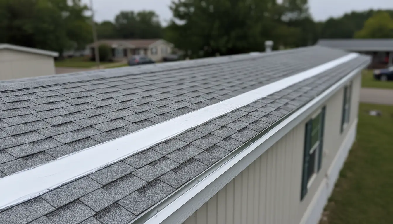 Manufactured home roof with seams sealed in white coating and a new drip edge