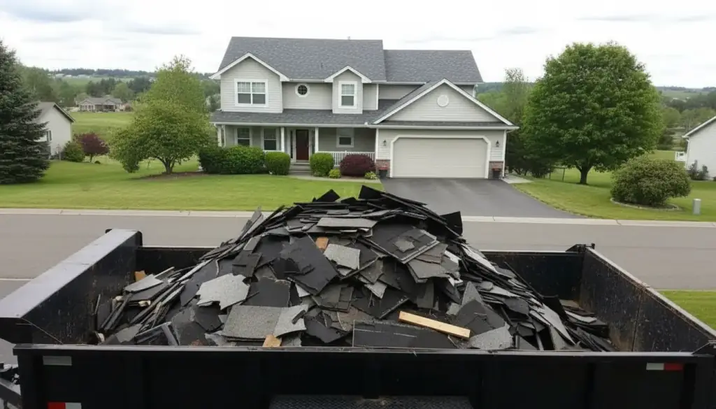 Dump trailer loaded with torn-off shingles parked in front of a house