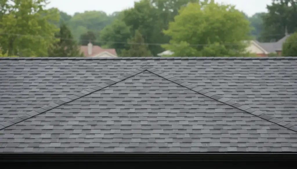 Finished charcoal architectural shingle roof plane and ridge against trees