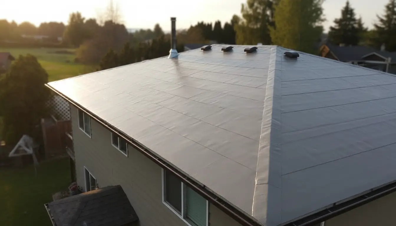 Low-slope roof with a smooth fresh coating seen from above at dusk