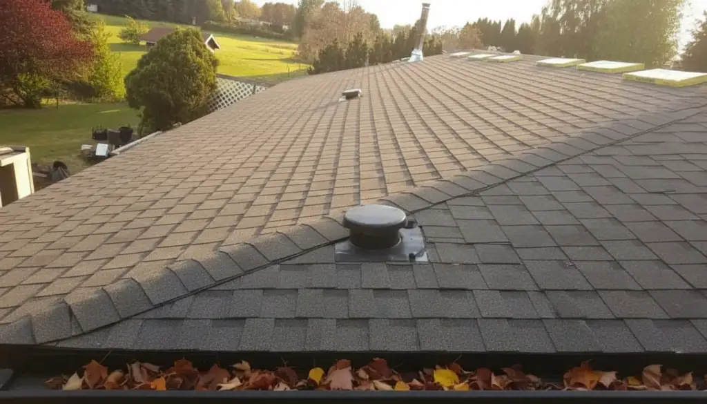Shingle roof with ridge vent and pipe flashing, autumn leaves in the gutter, valley hills behind
