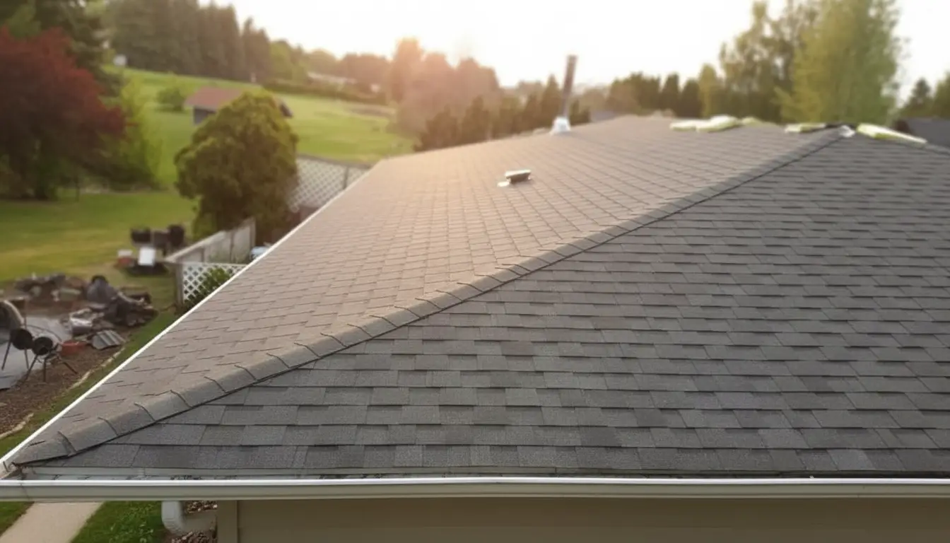 Shingle roof ridge and gutter line in late light over a green yard