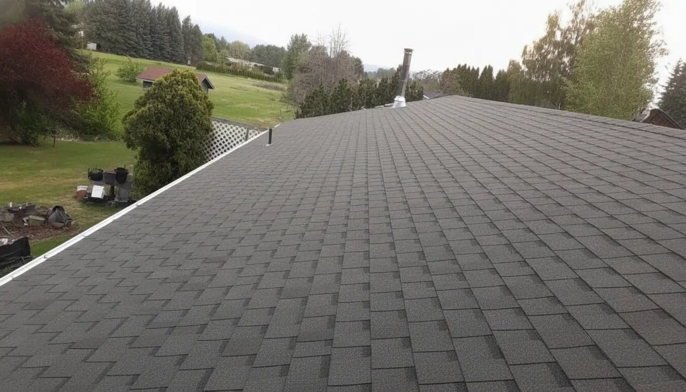 Charcoal architectural shingle roof with a vent pipe, green valley and trees beyond